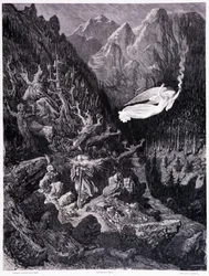Den gamle mannen som håller en handväska och sin käpp som går i ett fientligt landskap övervinns av en ängel som viftar med en eldhastighet, Platt VII - Illustration av Gustave Dore (1832-1883), för La legende du Jew wandering av Pierre Dupont, Edition Lib