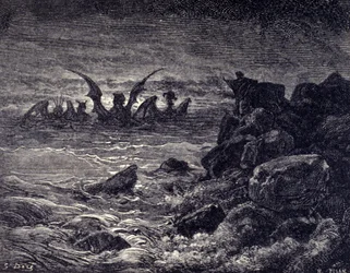 Profeten Daniel ser monster dyka upp: Haniel, Kafziel, Azriel, Aniel. Gravyr från Bibeln illustrerad av Gustave Dore. 1800-talet