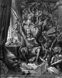 Högläsningen ur Don Quijote (Quixote eller Qijote). Gravyr av Gustave Doré som illustrerar Hachettes utgåva från 1869 av boken "Den snillrike riddaren Don Quijote av La Mancha" (Mancha) av Miguel de Cervantes Saavedra, översatt av Louis Viardot, 370