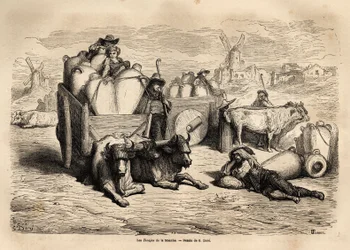Kanalens tinajas, användningen av dessa enorma lerburkar ersätter användningen av fat och deras användning är mycket gammal. Gravyr för att illustrera resan till Spanien av Gustave Dore (1832-1883) illustratör och baron Ch. Davillier reaktor, 1862, publice