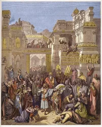 Mardochees triumf (eller Mordekhai eller Mordecai) - Triumf av Mordecai - - gravyr i "" The Bible illustree"" av Gustave Dore (1832-1883) - Gravyr från "" The Dore Bible""