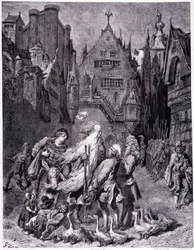 Den vandrande juden omgiven av nyfikna i en stad - i "Legenden om den vandrande juden"" av Gustave Doré, Bokhandeln i den pittoreska butiken