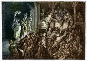 Teater: publiken under en teaterföreställning. Färgstark gravyr från "" London, en pilgrimsfärd "" illustrerad av Gustave Dore (1832-1883)
