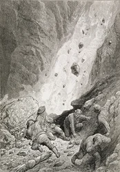 "They Saw Masses of Rocks, Boulders and Stones, Dart Round the Corner", från "The Ascent of the Matterhorn" av Edward Whymper (1840-1911), publicerad 1860-80-talet