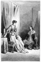 Vallombreuse knäböjer inför Isabelle, som han är förälskad i. Gravyr av Gustave Dore som illustrerar Theophile Gautiers roman "Le capitaine Fracasse", edition Charpentier 1863.