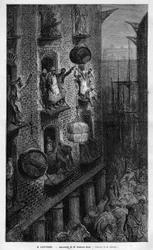 Syn på livet i London. Teckning av Gustave Dore. Gravyr i "" Le Monde illustrious"" 1883. Privat samling.