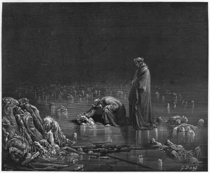 Vergilius (70-19 f.Kr.) och Dante, illustration ur „Den gudomliga komedin“ (Inferno) av Dante Alighieri (1265-1321), Paris, utgiven 1885