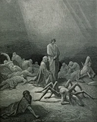 Vergilius (70-19 f.Kr.) och Dante betraktar spindelkvinnan, illustration ur „Den gudomliga komedin“ (Inferno) av Dante Alighieri (1265-1321), Paris, utgiven 1885