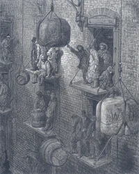 Lagerbyggnader i staden London. Från Gustave Dore och Blanchard Jerrold London: En pilgrimsfärd till London 1872.