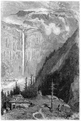 Vattenfallet i Cirque de Gavarnie sett från värdshuset: gravyr av Gustave Dore som illustrerar boken "Voyage aux Pyrenees" av Hippolyte Taine, Hachette 1860.
