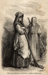 plockarna i Estremadure, med sina stora träkrattor för att plocka upp den del av skörden som glömdes bort på fälten efter skörden. Gravyr för att illustrera resan till Spanien av Gustave Dore (1832-1883) illustratör och baron Ch. Davillier reagerar