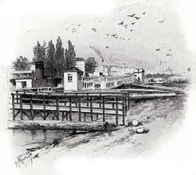 Vattenbussar (pendlarbåtar) reparationsverkstäder på seinefloden i Paris Ritning av Gustave Fraipont (1849-1923) hämtar från "La seine a travers Paris" av Saint-Judges