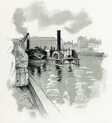 Båtar som förtöjer i hamnen vid La Villette, Paris. Teckning av Gustave Fraipont (1849-1923) ur ”La Seine à travers Paris” av Saint-Juirs
