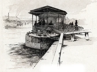 Embarcadere des Bateaux-mouches (Bateaux-mouches) sur la Seine, Paris (Utsikt över turistbåtsbryggan på seinefloden, Paris) Teckning av Gustave Fraipont (1849-1923) hämtar från Saint-Juirs "" La seine a travers Paris ”