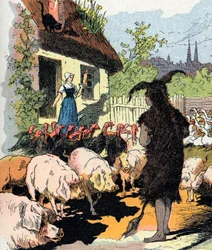 Hembiträdens åsneskinn Illustration av Gustave Fraipont för "" Cane skin"" (Ane skin) saga av Charles Perrault (1628-1703), fransk författare (Illustration för "Donkeyskin"" fransk litterär saga) Privat samling