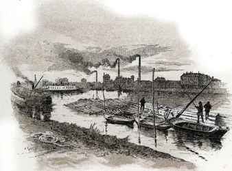 Ivry sur Seine, trätåg (Forsränning på Seine-floden, Ivry-sur-Seine) Teckning av Gustave Fraipont (1849-1923) hämtar från "La seine a travers Paris" av Saint-Juirs