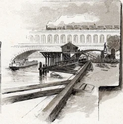 Le viaduct du point du Jour, Boulogne-Billancourt (Utsikt över viadukten över Point du jour-distriktet, Boulogne Billancourt) Teckning av Gustave Fraipont (1849-1923) från Saint-Juirs