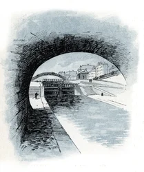 Les ecluses du canal saint Martin, Paris (Utsikt över slussarna till kanalen Saint-Martin, Paris) Teckning av Gustave Fraipont (1849-1923) hämtar från "La seine a travers Paris" av Saint-Juirs