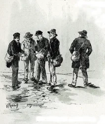 Gatuhandlare med cigarr- och cigaretttips, Maubert-distriktet, Paris Teckning av Gustave Fraipont (1849-1923) hämtar från "La seine a travers Paris" av Saint-Juirs