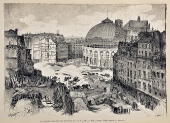 Den nya Rue du Louvre och Halle au Ble i Paris 1887. illustration av Gustave Fraipont (1849 - 1923). Gravyr från 1887 i "" Paris-Illustrous journal weekly"".