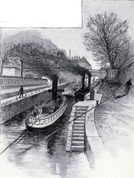 Bogserbåtar av slussen vid floden Seine framför Hotel des Monnaie, Paris Teckning av Gustave Fraipont (1849-1923) från Saint-Juirs