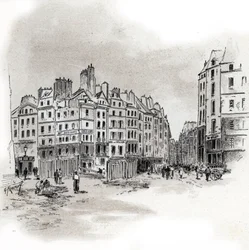 Utsikt över Place Maubert, Paris Teckning av Gustave Fraipont (1849-1923) hämtar från "La seine a travers Paris" av Saint-Juirs