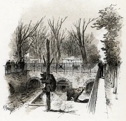 Vy över björngropen i Jardin des Plantes djurpark, Paris. Teckning av Gustave Fraipont (1849-1923) ur „La Seine à travers Paris“ av Saint-Juirs