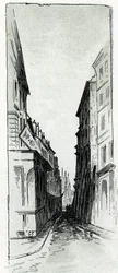 Utsikt över gatan Hotel Colbert nära Mauberttorget i Paris Teckning av Gustave Fraipont (1849-1923) från Saint-Juirs