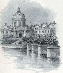 Utsikt över Institut de France och bron Pont des arts i Paris Teckning av Gustave Fraipont (1849-1923) tar från Saint-Juirs "La seine a travers Paris"