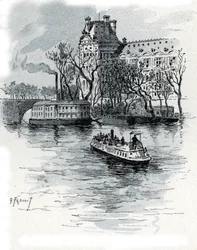 Utsikt över Pavillon de Flore, Palais du Louvre, från Quai Voltaire, Paris (Utsikt över Pavillon de Flore-delen av Louvren från quai Voltaire, Paris) Teckning av Gustave Fraipont (1849-1923) från Saint-Juirs