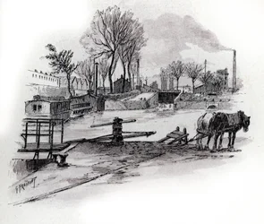 Utsikt över kanalen Saint-Denis och quai de la Gironde a la Villette, Paris (Utsikt över canal saint Denis och quai de la Gironde i Villette-distriktet, paris) Teckning av Gustave Fraipont (1849-1923) från Saint-Juirs