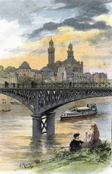Utsikt över gångbron i Passy (nu Bir Hakeims bro) i Paris Teckning av Gustave Fraipont (1849-1923) från Saint-Juirs
