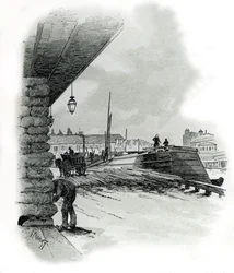 Utsikt över hangarerna i hamnen i La Villette i Paris (Sjöbodar och skjul i hamnen i La Villette, Paris) Teckning av Gustave Fraipont (1849-1923) hämtar från "La seine a travers Paris" av Saint-Juirs