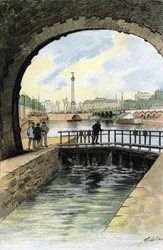 Utsikt över slussen till Canal Saint Martin i Paris Teckning av Gustave Fraipont (1849-1923) från "La seine a travers Paris" av Saint-Juirs