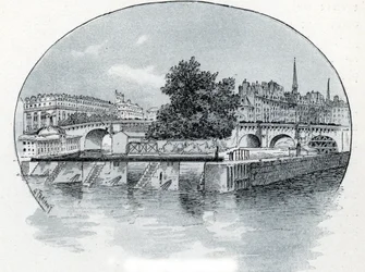 Utsikt över Monnaies sluss, framför Hotel des Monnaie i Paris Teckning av Gustave Fraipont (1849-1923) hämtar från Saint-Juirs "La seine a travers Paris"