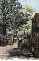 Vy över det nya lagret på Rue Laroche, Bercy, Paris Vinlager i rue Laroche i Bercy, Paris) Teckning av Gustave Fraipont (1849-1923) från "La seine a travers Paris" av Saint-Juirs