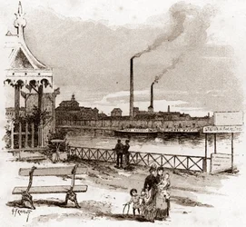 Vy över quai de Javel i Paris, actuel quai André-Citroen (Vy över quai Andre Citroen tidigare quai de Javel, Paris) Teckning av Gustave Fraipont (1849-1923) hämtar från "La seine a travers Paris" av Saint- Juirs