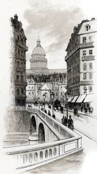 Utsikt över rue de Bellay och Pantheons kupol, Paris (Utsikt över rue du Bellay och Pantheons kupol, 5:e distriktet, Paris) Teckning av Gustave Fraipont (1849-1923) från Saint-Juirs