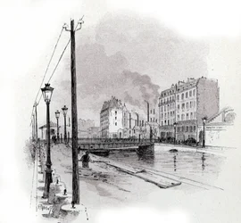 Utsikt över den svängande bron över quai de Valmy på kanalen Saint Martin, Paris Teckning av Gustave Fraipont (1849-1923) från Saint-Juirs