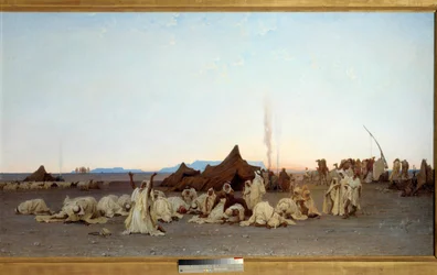 Kvällsbön i Saharaöknen. Målning av Gustave Achille Guillaumet (1840-1887) 1863 Sön. 1,3x2,8 m. Paris, musee d