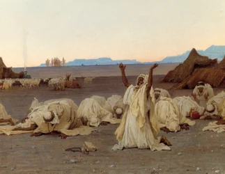 Kvällsbön i Saharaöknen Detalj av tuareglägret. Målning av Gustave Achille Guillaumet (1840-1887) 1863 Sön. 1,3x2,8 m. Paris, Musée d