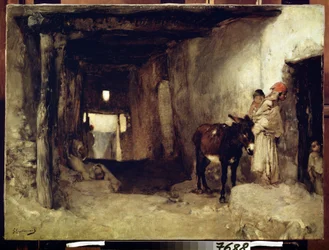 Orientalism: ""Ett hus i Sahara"" (Ett hus i Sahara) En kvinna och hennes barn åtföljda av en åsna. Målning av Gustave Guillaumet (1840-1887) circa 1880 Pushkin Museum, Moskva