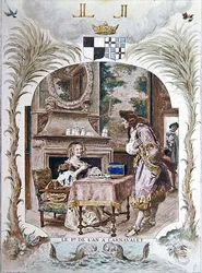Madame de Sevigne i Hotel Carnavalet på nyårsdagen, Paris, ca 1900 (färg litho)