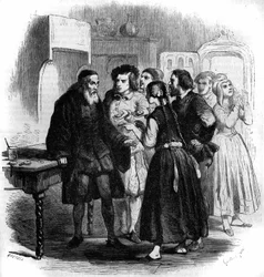 Genèvefolket tar med sig sina klockor till Zacharius. Illustration av "" Mästare Zacharius eller urmakaren som hade förlorat sin själ"", fantasyberättelse av Jules Verne (1828-1905). Gravyr av Gustave Janet
