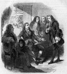Mötet mellan den ryske tsaren Peter den store (1672-1725) och Voltaire (Francois Marie Arouet, dit) (1694-1778). Gravyr av Gustave Janet