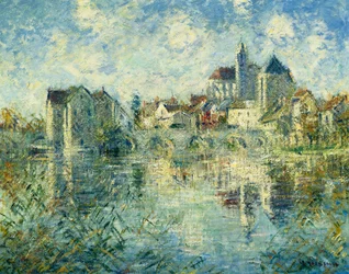Moret-sur-Loing, bron och kyrkan; Moret-sur-Loing, bron och kyrkan, c.1935