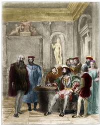 Leonard de Vinci vid hovet av kungen av Frankrike Francois 1:a 1800-talsgravyr av Gustave Greux. Privat samling.