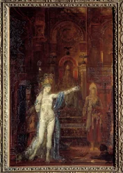 Salomes tatuering. Salome dansar i salen vid Herodes festmåltid. Herodes, som sitter på en hög tron, fascineras av trollkvinnans skönhet. Målning av Gustave Moreau (1826-1898)