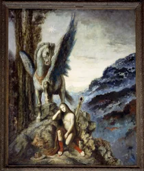 Den resande poeten, en eftertänksam resande i meditation nära den bevingade hästen Pegasus