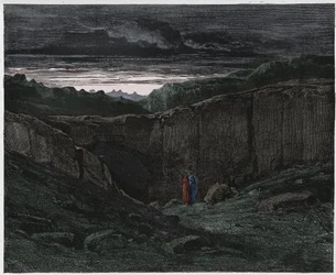 Inferno, Canto 3: Vergilius och Dante vid helvetets portar, illustration från The Divine Comedy av Dante Alighieri, 1885 (digitalt färgad gravyr)